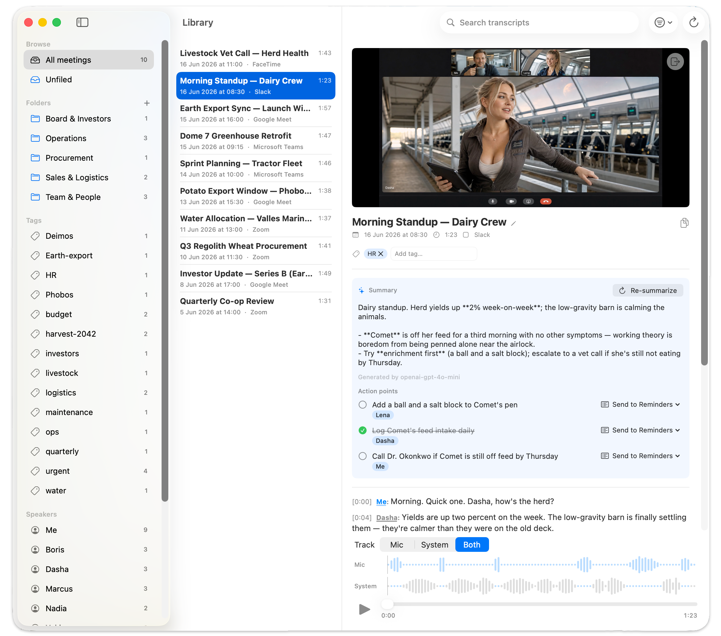 Stenographist library window: list of meetings with a transcript, colored speaker labels, and an audio player
