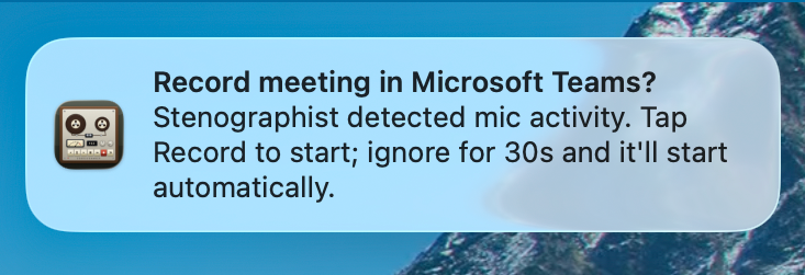 macOS notification offering to record a Teams meeting