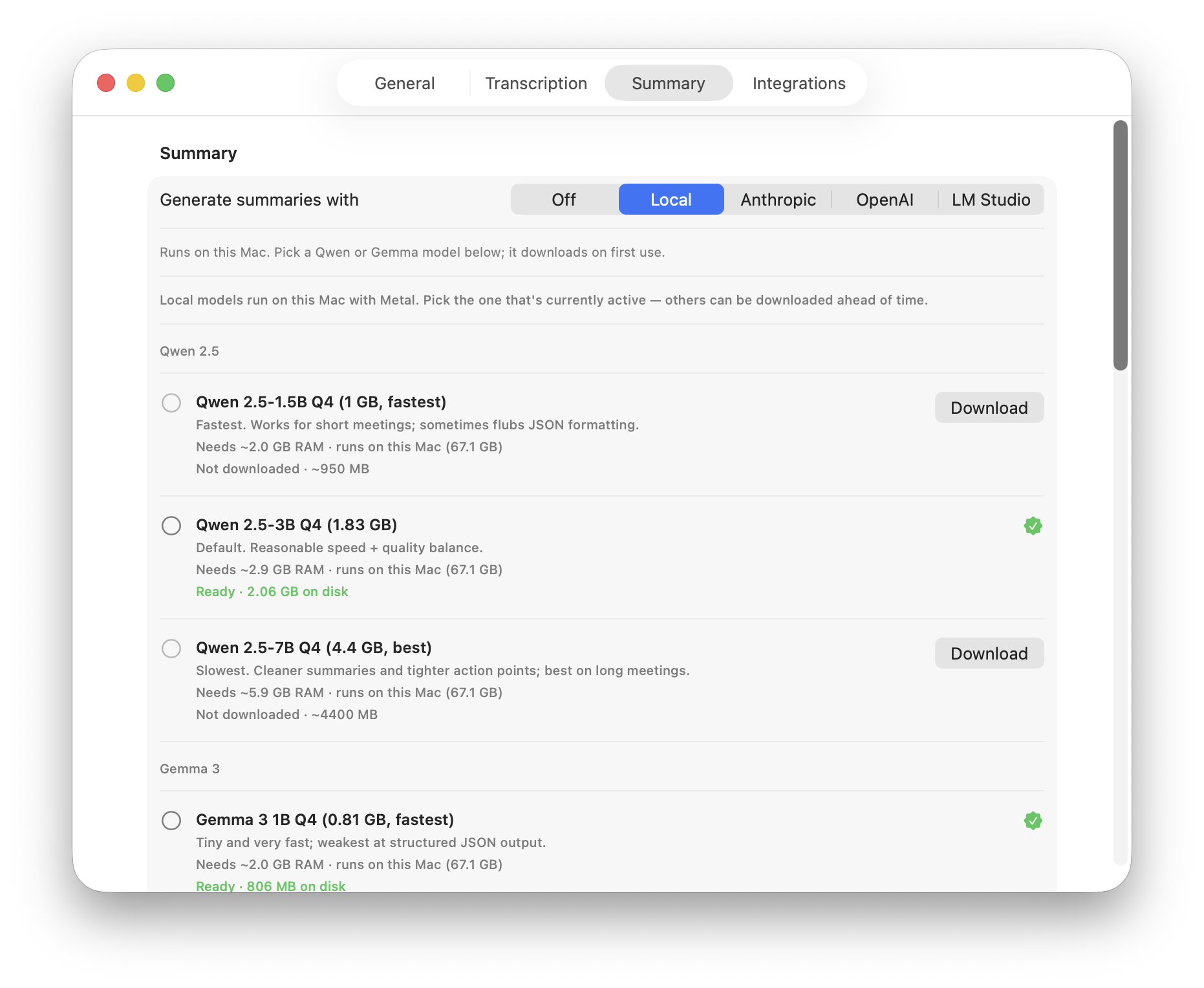 Summary settings: backend selection