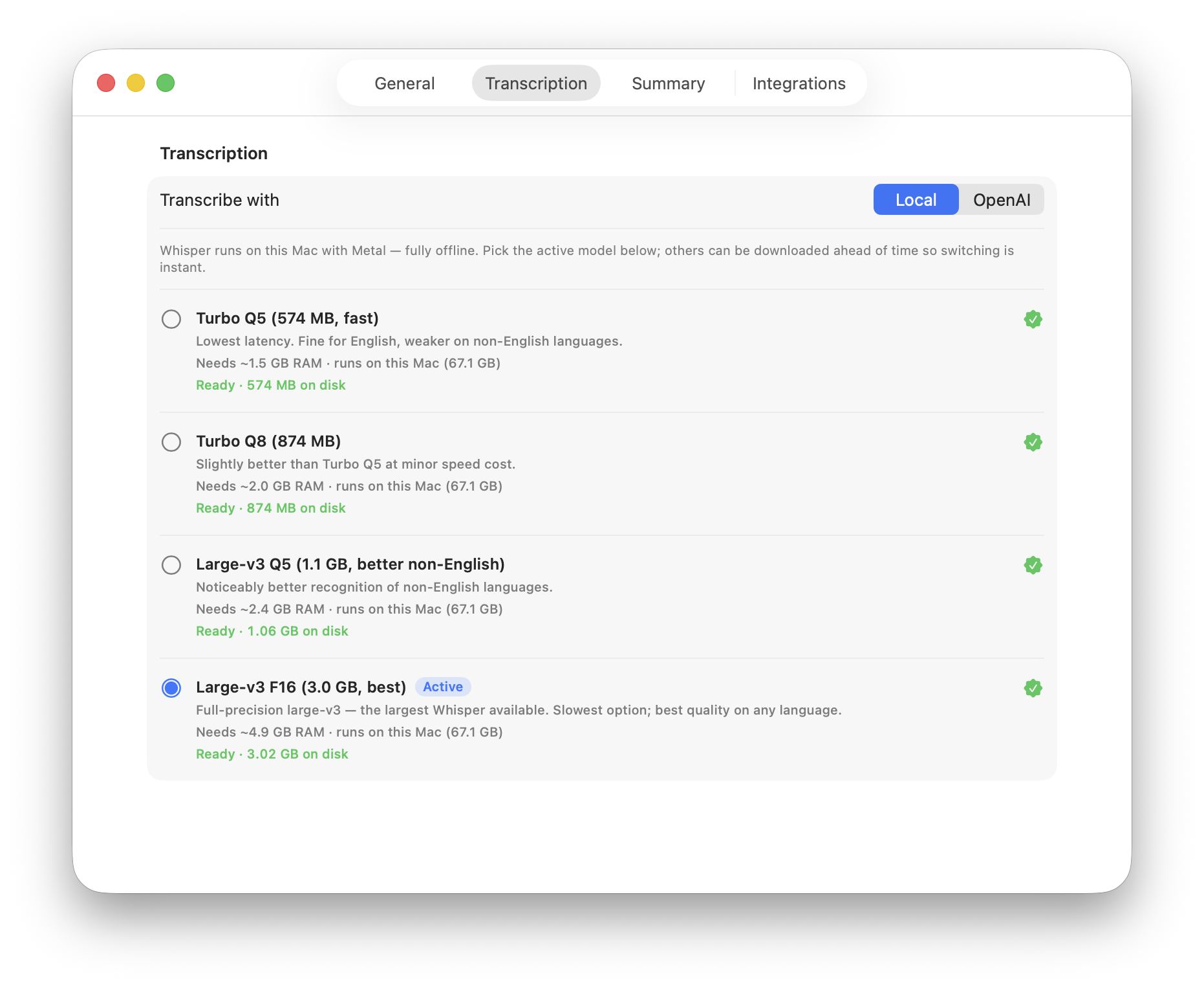 Transcription settings: Whisper model selection